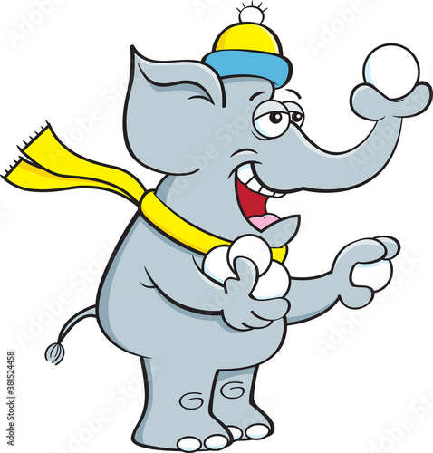 Cartoon illustration of an elephant throwing snowballs with it's trunk.