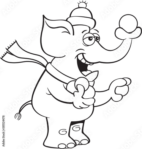 Black and white illustration of an elephant throwing snowballs with it's trunk.