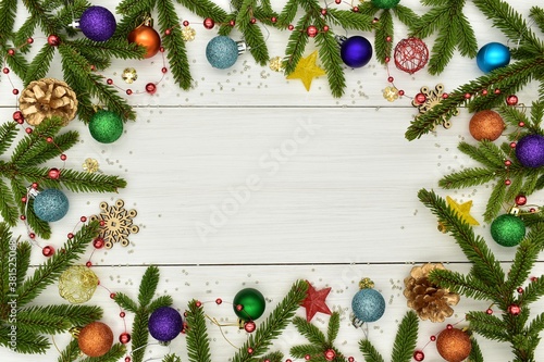 New year, Christmas. Christmas decoration with free space in the center for your inscription. Background, frame, design, creative, holidays.