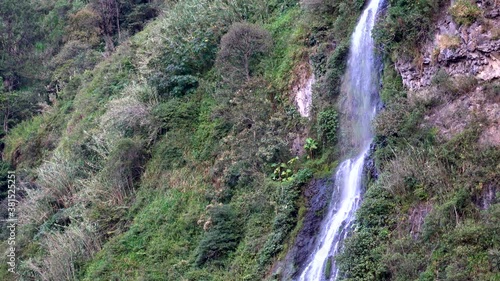 Banos, Ecuador - September 24, 2018 - Static Drone View of Casacada de la Virgen Waterfall