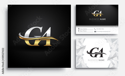 initial letter GA logotype company name colored gold and silver swoosh design. Vector sets for business identity on white background.