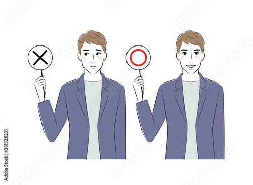 Set of illustrations of man wearing jacket showing right or wrong