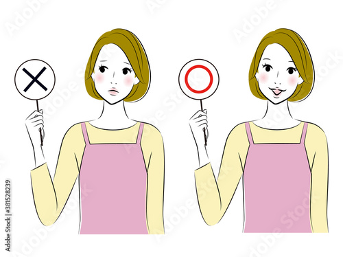 Set of illustrations of woman wearing apron showing right or wrong