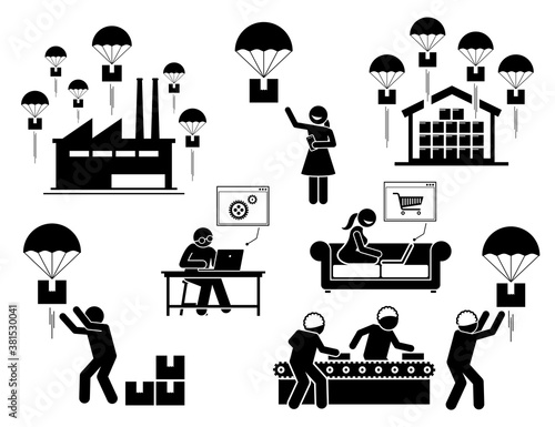 Drop shipping business model icon set. Vector illustrations of dropshipping industry whereby a girl buying product online through third party seller. Manufacturer send the package directly to buyer.