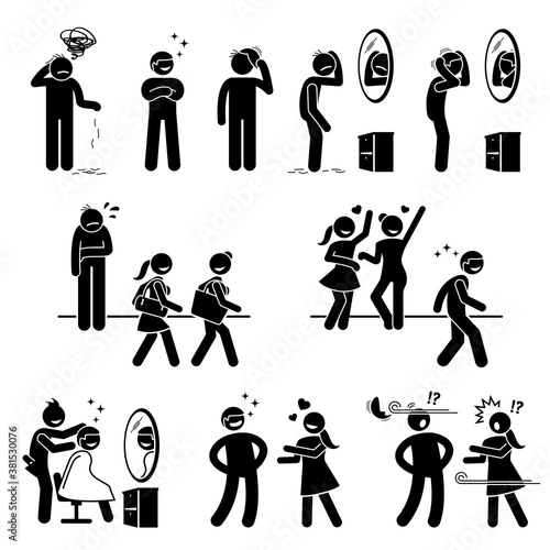 Bald man with a wig or fake hair stick figures icons. Vector illustration of an ugly sad man wearing a wig or toupee and become very handsome and happy.