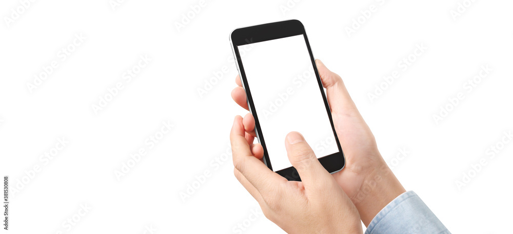 Hand holding smartphone device touching screen Hand holding smartphone device touching screen