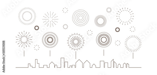 Festival fireworks celebrate. Collection of firecracker black line simple on the sky over the city design on white background.  Graphic elements for Happy New year, anniversary. Vector illustration.