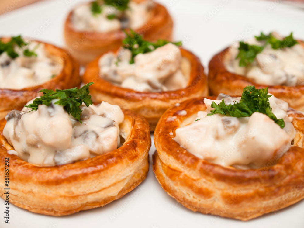 Vol-au-vent - puff pastry filled with chicken and mushrooms ragout