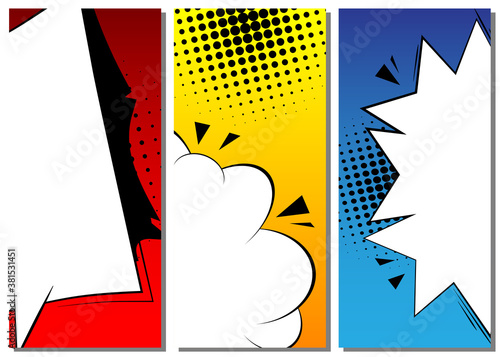 Cartoon design colored standing banners. Comic book illustration backgrounds. Vector comics backdrop.