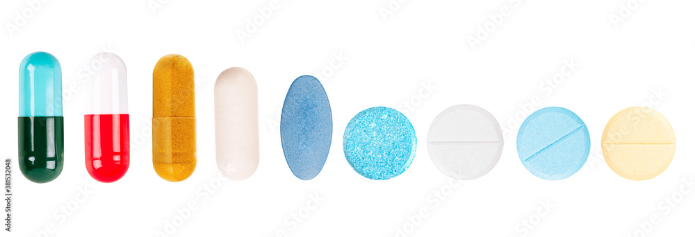 Set of capsule and pills isolated on white background. Set of capsule and pills isolated on white background.