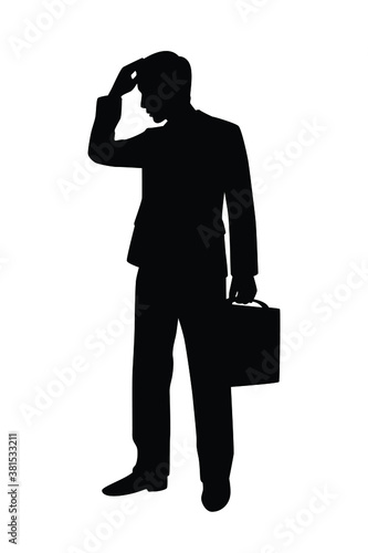 Business man with briefcase silhouette vector, person isolated in black and white.