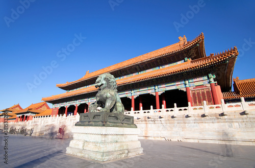 Taihe Gate and the stone lions at the gate of the Forbidden City in Beijing photo