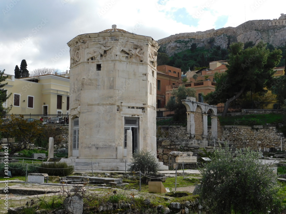 The Tower of the Winds, or Horologion of Andronikos Kyrrhestes, an ancient clocktower, In Athens, Greece