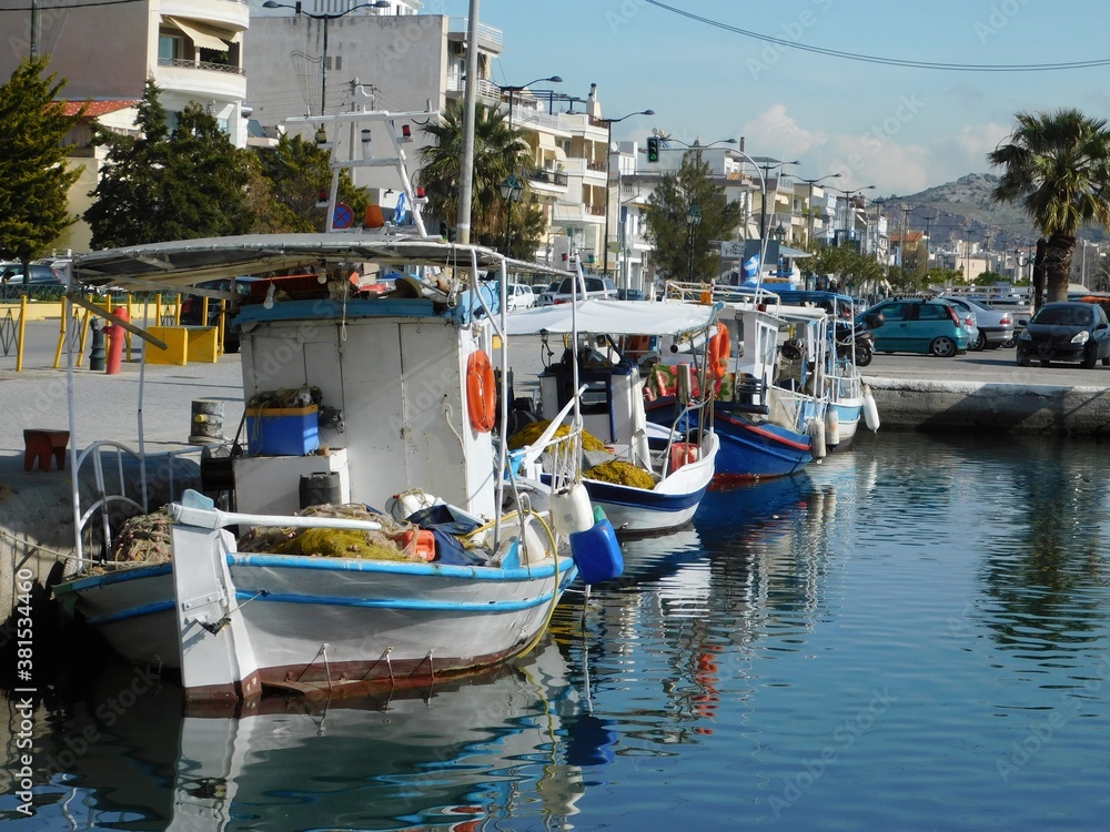 Fishing boats at the pier of Salamina island, Greece