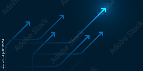 Glow up devious arrows on dark blue background with copy space business growth concept