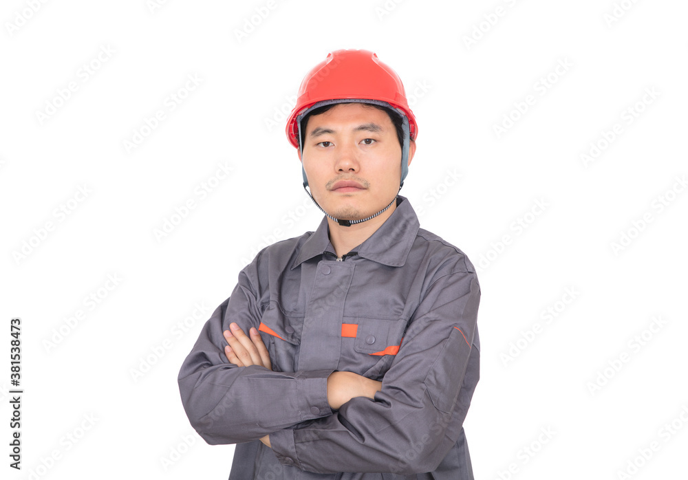 Oriental character wearing hard hat holding hands standing in front of white background Oriental character wearing hard hat holding hands standing in front of white background