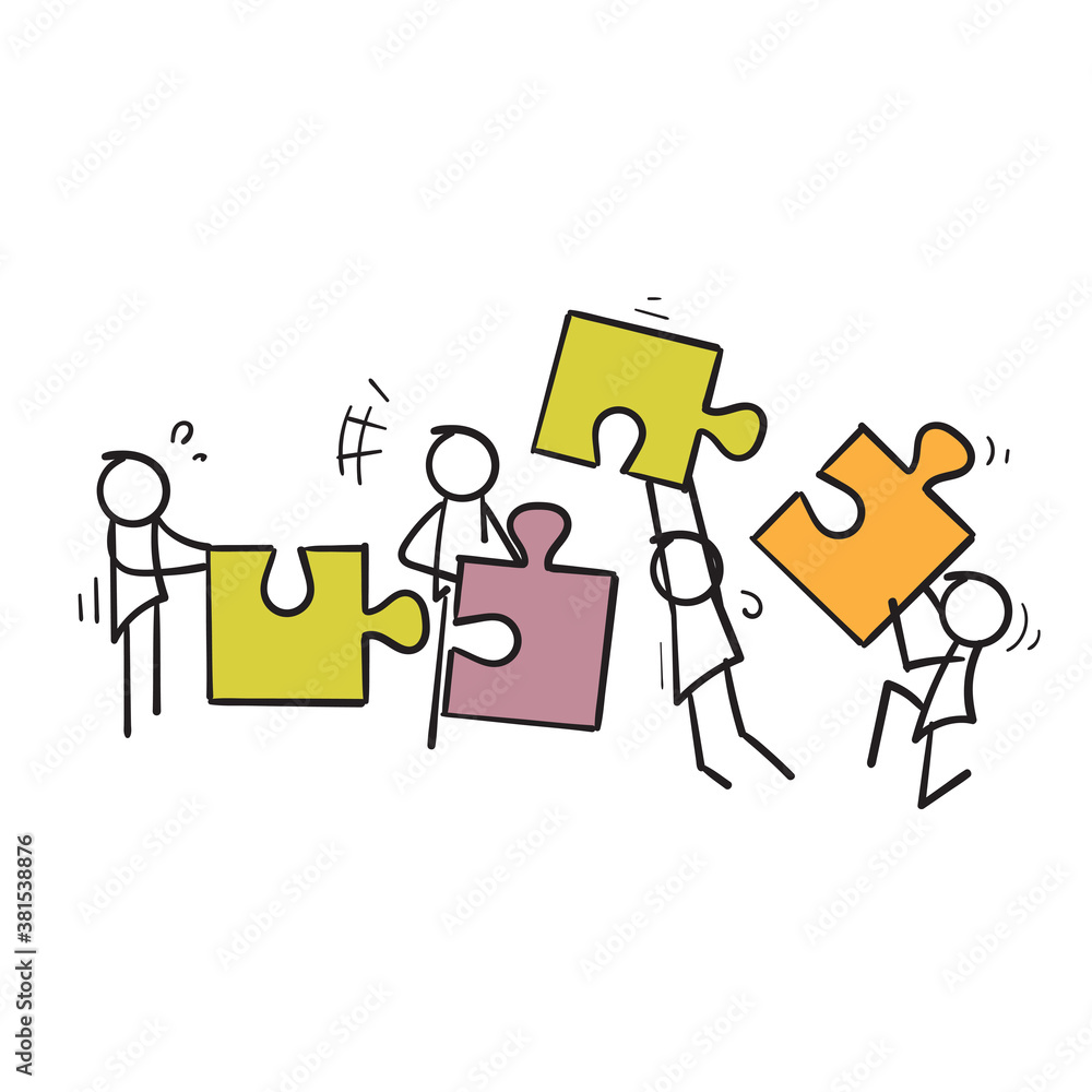 hand drawn stick man Holding the big jigsaw puzzle piece symbol for Teamwork successful together concept. Marketing content. cartoon