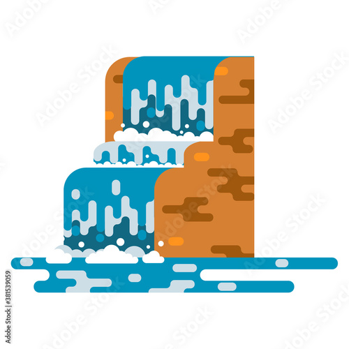 Waterfall landscape. Mountain river with cascade. Vector flat cartoon illustration illustration isolated on white background.