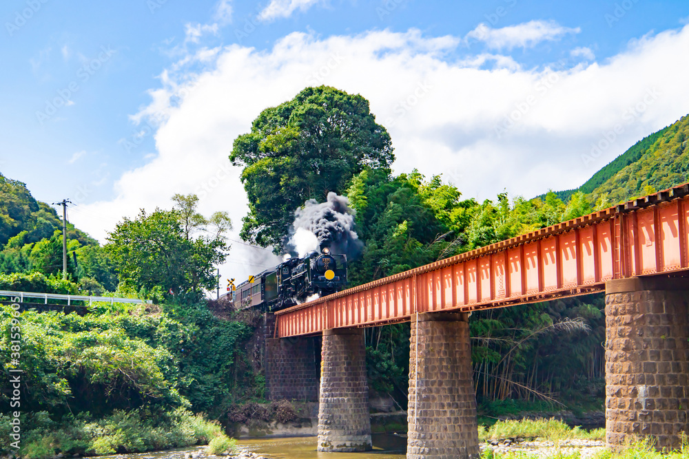 Obraz premium 煙を噴きながら鉄橋を走行する蒸気機関車