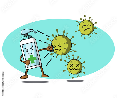 Cute cartoon character hand sanitizer punches virus. One virus has K.O and one virus runs away in fear. Illustration character hand sanitizer and virus.