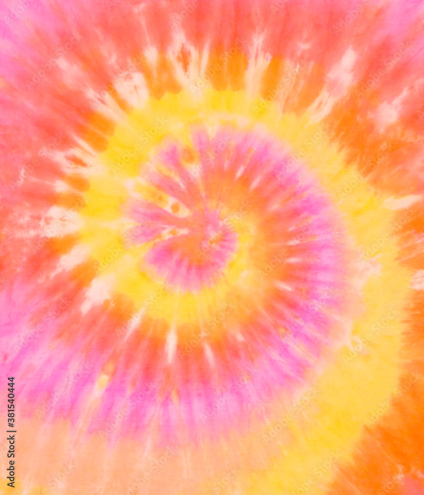 Spiral Tie Dye Pattern. Hippie TieDye Wallpaper Background. Swirl Tie-dye  in pink orange and yellow. Boho. Stock Illustration