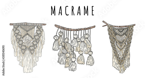 Set of macrame bohemian style wall hangers doodle. Textile knotting boho design elements. Indigenous linear modern tribal knotwork image