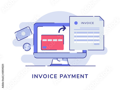 nvoice payment card bank billing on display monitor computer white isolated background with flat outline style
