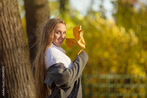 Attractive happy woman holding yellow autumn leaves in her hands. Portrait of a pretty young woman with light brown hair on a background of golden foliage in the park. Joyful autumn mood. Fall season.