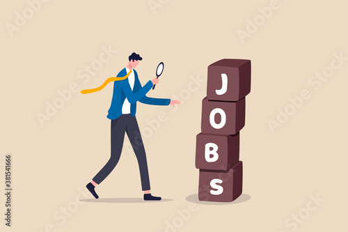 Searching for jobs, recruitment or opportunity for candidate to finding right work and employer, smart unemployed businessman using magnifying glass to looking at stack of boxes with the word Jobs.