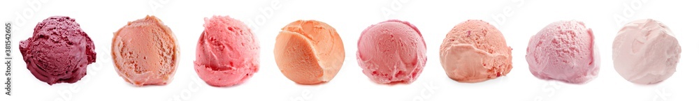Set with scoops of different ice creams on white background. Banner design Set with scoops of different ice creams on white background. Banner design