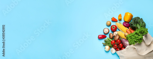 Many fresh different vegetables on light blue background, top view with space for text. Banner design