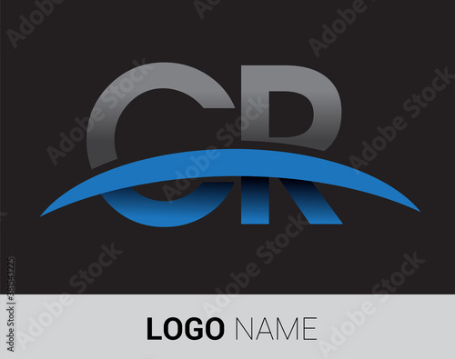 CR initial logo company name colored grey and blue swoosh design.