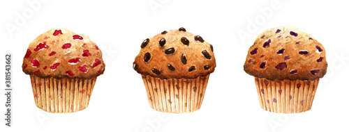 Set of fresh muffins with cherries, chocolate and blueberries isolated on white background. Watercolor hand-drawn illustration. Perfect for your project, cards, prints, covers, menu, patterns, decor.