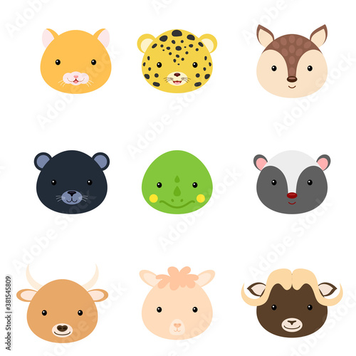Cute funny animal heads. Wild cartoon animal characters for baby print design, kids wear, baby shower celebration, greeting and invitation card, wall decor. Flat vector stock illustration