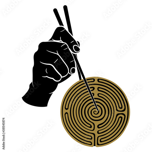 Human hand holding maze or labyrinth symbol with chopsticks. Creative concept for finding way and path.