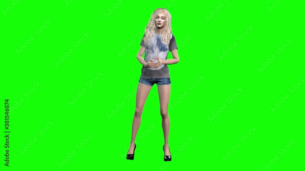 3d animation of a young attractive blond avatar female in shorts and tee shirt , standing ,moving on the spot then  talking.