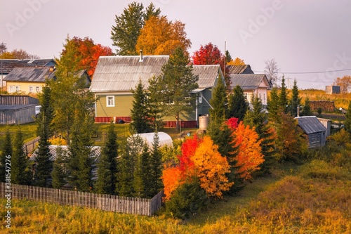 Tranquil rural landscape with beautiful houses on a hill surrounded by autumn trees with bright foliage