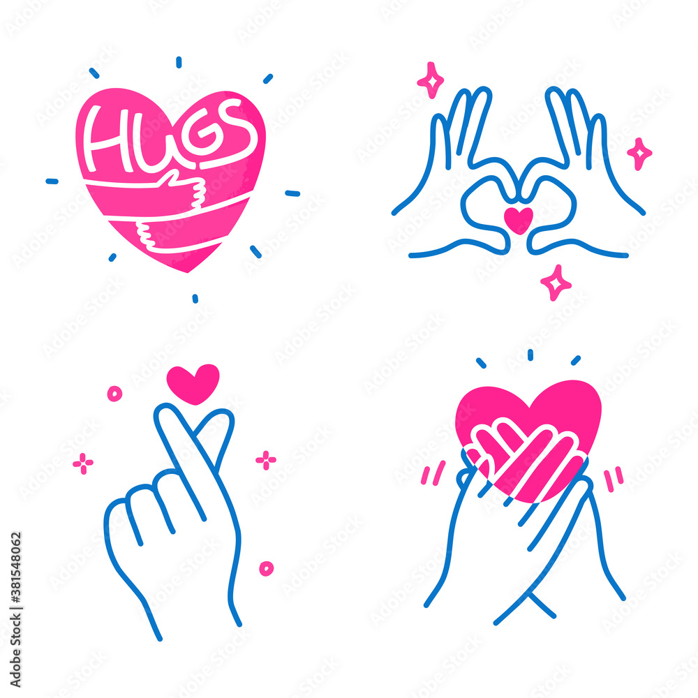 Obraz premium hands with heart. Hands in shape of love, finger Heart gesture, hand on chest and hugging heart doodle hand drawn line art illustration.