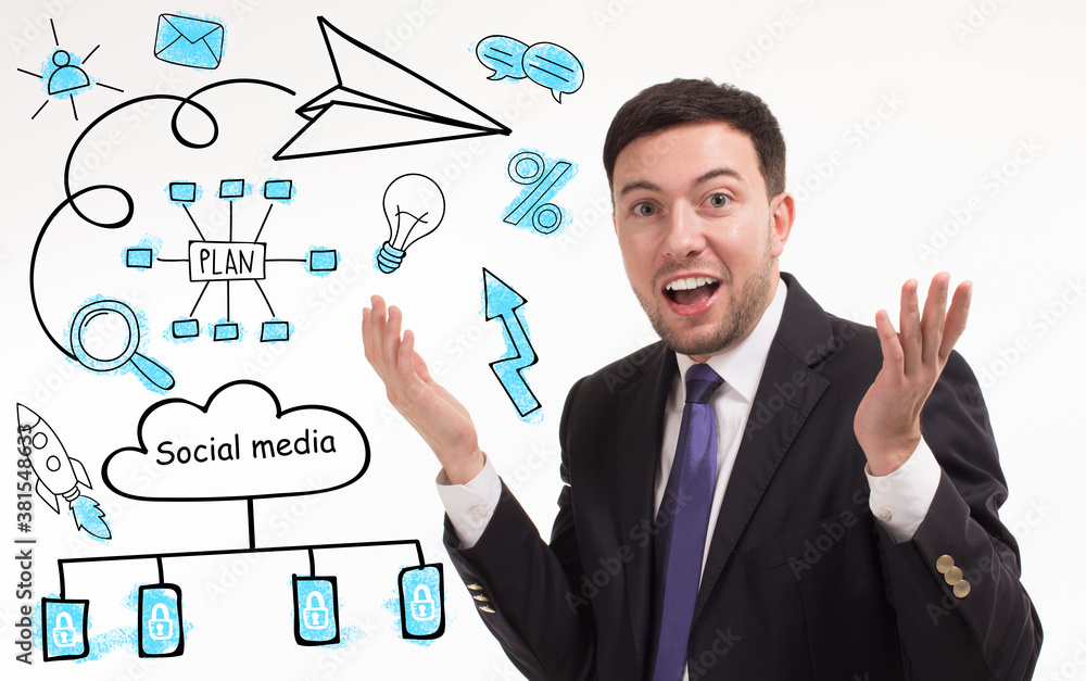 Business, technology, internet and network concept. Young businessman thinks over the steps for successful growth: Social media Business, technology, internet and network concept. Young businessman thinks over the steps for successful growth: Social media