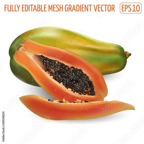 Whole and sliced papaya on a white background.