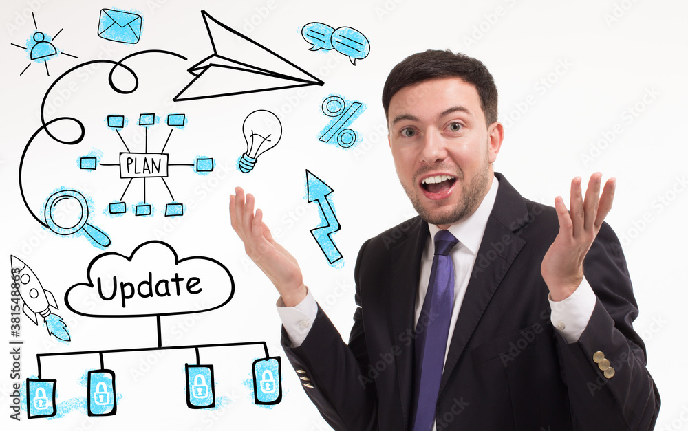 Business, technology, internet and network concept. Young businessman thinks over the steps for successful growth: Update Business, technology, internet and network concept. Young businessman thinks over the steps for successful growth: Update