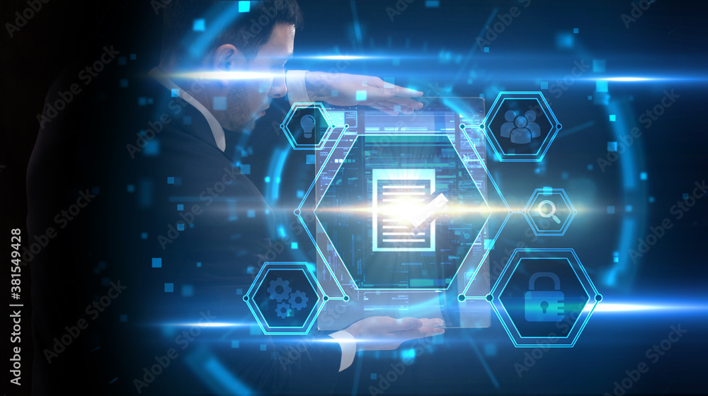 Naklejka premium Business, Technology, Internet and network concept. Young businessman working on a virtual screen of the future and sees the inscription: