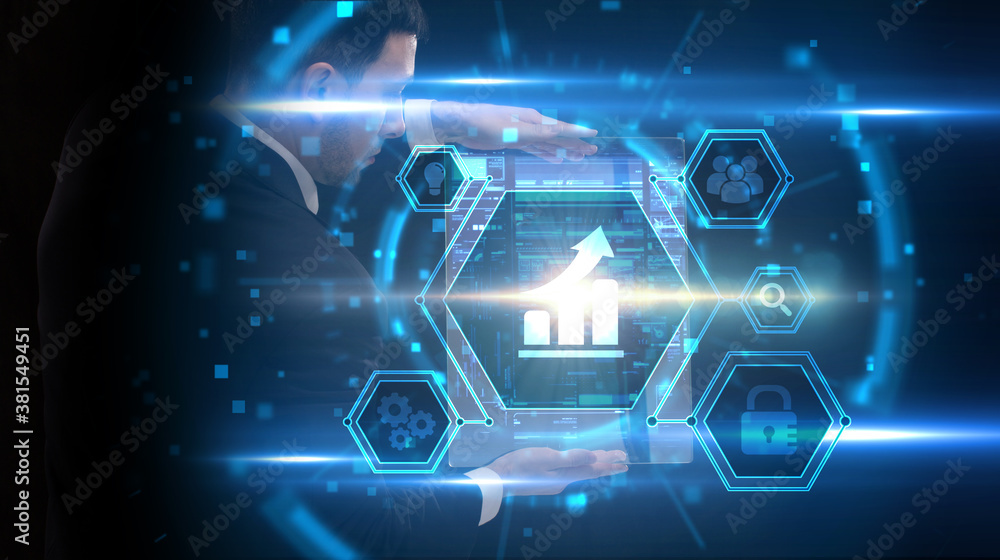 Naklejka premium Business, Technology, Internet and network concept. Young businessman working on a virtual screen of the future and sees the inscription: