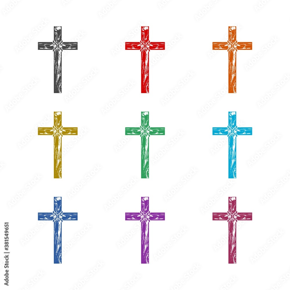 Wooden Christian cross icon, color set
