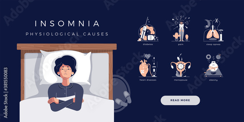 Mature senior woman suffers from insomnia. Vector illustration of main physiological causes: diabetes, sleep apnea, stress, depression, heart and cardiovascular diseases, menopause symptoms, obesity