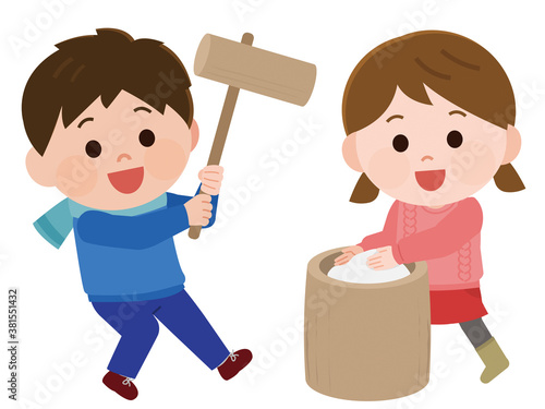 餅をついて楽しそうな子供達3　イラスト