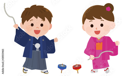お正月　着物でコマ遊びをする子供達　イラスト