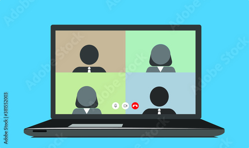 Vector illustration of notebook or laptop, with illustration of a group of people doing video conferencing with the program, Skype, women and men making video calls together