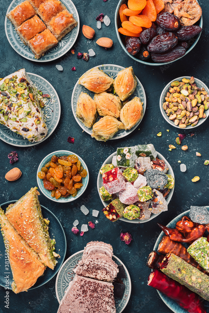 Baklava, halva, rahat lokum, sherbet, nuts, pistachios, dates, raisins