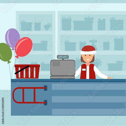 Seller in a Santa Claus hat at the checkout in the store, color vector illustration in flat style, banner, clipart, design, decoration